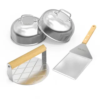 Onlyfire Edelstahl Grillbesteck Set, 4-Teilig Burger-Set mit Runder Burgerpresse, Grillspachtel, 2 Burger Dome, Grill Zubehör für Leckere Hamburger, Patties, Speck, Steak, für Outdoor und Indoor