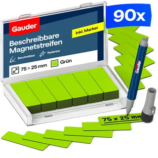 GAUDER Magnetetiketten beschreibbar - Magnetstreifen beschreibbar - Beschreibbare Magnete zum Beschriften - Magnetschilder zum Beschriften - Kanban-Board - Inkl. Marker (90 Stück - 75 x 25 mm)