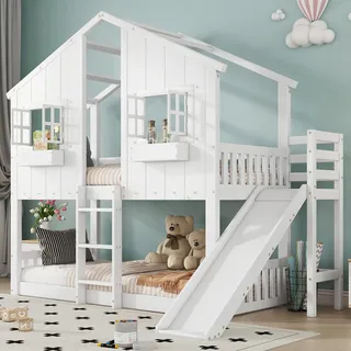 FAVSH Etagenbett Kinderbett 90x200cm, Hochbett mit Rutsche, Stockbett mit Rutsche&Leiter&Fenstern&Dach&Aufbewahrungsbox, mit Fallschutzgitter Dreistufiger Leiter, Kiefer+MDF, ohne Matratze, Weiß
