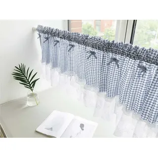 Petrol Scheibengardine Leinenoptik Landhaus,Mit Spitze Kurzstore Küchenvorhänge Fenster Bistrogardine Halbtransparent Küche Kurz Halbe Gardinen Wohnzimmer,Pastorale Art Blue,W106*H45CM
