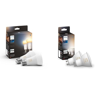 Philips Hue White Ambiance E27 Doppelpack 2x1100lm, dimmbar, alle Weißschattierungen, steuerbar via App, kompatibel mit Amazon Alexa (Echo, Echo Dot) & White Ambiance GU10 Lampe Doppelpack 2x350lm