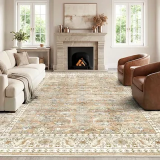 HOMFINE Vintage Teppich Wohnzimmer Beige Braun 200x300 cm - Waschbarer Kurzflor mit Rutschfester Unterseite, weicher Boho Retro für Schlafzimmer Esszimmer Flur