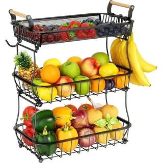 Obstkorb mit 3 Ebenen und 2 Bananenhaltern - Ideal für Küche und Arbeitsplatte - Schwarz