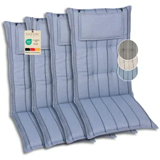 GO-DE Textil Bequeme und attraktive Polsterauflagen für Hochlehner-Gartenstühle (4er-Set, Stripes Exclusive blau, Hochlehner)