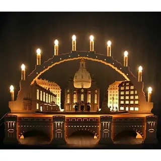 Tietze Erzgebirgsdesign Großer 72cm 3D 10 Kerzen Schwibbogen Frauenkirche Dresden mit Unterbank Augustusbrücke - Feine Handarbeit Erzgebirge Weihnachten erzgebirgischer Lichterbogen