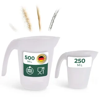 Novaliv Messbecher Set 250ml 500ml, Meßbecher Küche transparent mit klarer g/ml Skala für Flüssigkeiten Mehl & Zucker, Made in Germany, Spülmaschinenfest, Rührschüssel Messbehälter Werkstatt