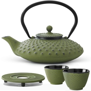 Teekanne asiatisch Gusseisen Set grün 0.8 Liter mit Edelstahl Tee-Filter Sieb-Einsatz für losen Tee mit Stövchen und Teebecher (2 Tassen)