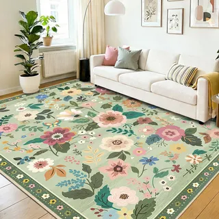 DEFYNEE Teppich Wohnzimmer 240x300cm Hellgrün, Blumen Waschbare Teppiche | Boho Vintage Blumenmuster Wohnzimmerteppich, Waschbarer & Rutschfester Kurzflor Weich für Wohnzimmer, Schlafzimmer, Esszimmer