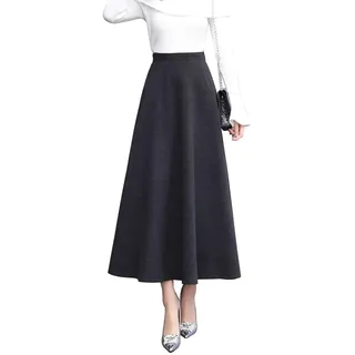 LWZDREAM Damen Winter Maxirock Glockenrock Wolle Vintage Elegant Lang Elastische Hohe Taille Langer Röcke Faltenrock(XXL,Grau) - XXL