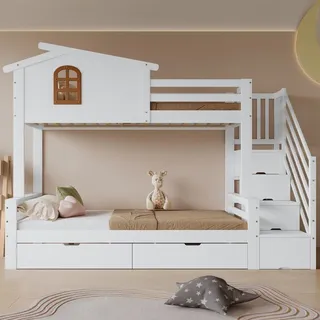 Etagenbett, Kinderbett, Zwei Schubladen mit Rollen, Exquisite Schöne Fenster, Eck-Leiterschrank, Stabile Lattenroste, Kiefer + MDF + Sperrholz, We...