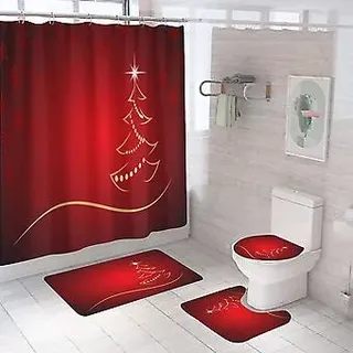 4-teiliges Weihnachts-duschvorhang-set Mit Rutschfesten Matten (stil D), Wc-deckel Und Badematte, Wasserdichter Vintage-duschvorhang Mit 12 Haken
