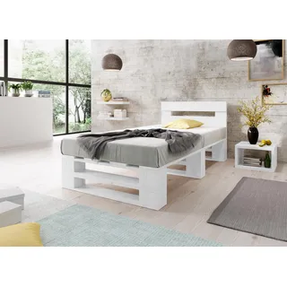 Lermowood Palettenbett M2 aus Holz 100 x 200 cm Weiß mit Kopfteil Holzbett 30cm Stabiles Seniorenbett Kinderbett Jugendbett Gästebett erhöhtes Einzelbett Bettgestell Futonbett Komforthöhe Naturholz
