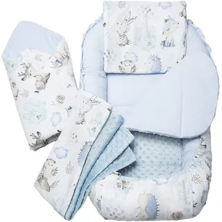 Medi Partners 5 Teile, Babynestchen, Krabbeldecke, 100x60x15, Hirsch Igel mit Hellblau Minky)