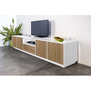 Dmora Oreste Schrank, niedriges Sideboard für Wohnzimmer, TV-Ständer, 100% Made in Italy, 220 x 41 x 46 cm, Weiß glänzend und Walnuss