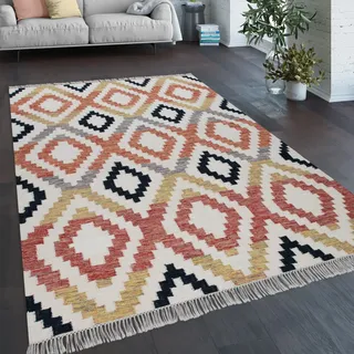Paco Home Teppich Wohnzimmer Boho Fransen Handgewebt Wolle Baumwolle Rot Schwarz Gelb Creme, Grösse:80x150 cm