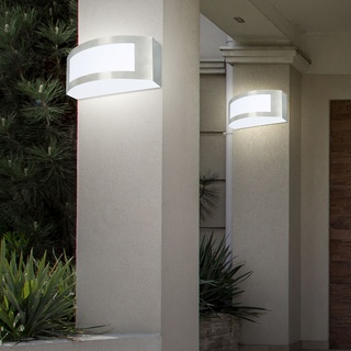 Außenlampe silber Wandleuchte modern Hauswandlampe, Terrassenleuchte Edelstahl rund Gartenlampe wetterfest, 1x E27 Fassung, LxBxH 25x9x10 cm