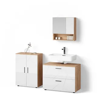 livinity® Ronco 3-tlg. Weiß Hochglanz/Goldkraft Eiche