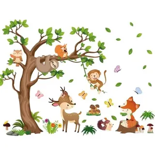 Wandtattoos Dschungelwaldtiere Baum - Wandtattoos Safari Zoo Faultier Sikahirsch Eichhörnchen - Wandtattoos Kinderzimmer Schlafzimmer Wanddekoration