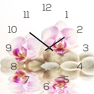 Levandeo® Wanduhr (Wanduhr aus Glas 30x30cm Uhr als Glasbild Rosa Orchidee)