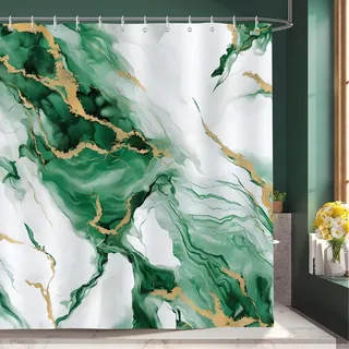 Ccykxa Luxuriöser Duschvorhang In Abstraktem Grün-gold-türkis-marmor-design, Polyestergewebe, Schimmelresistent, Wasserdicht, Waschbar, Badezimmervorhang 180 X 180 Cm Mit 12 Haken Für Badewanne