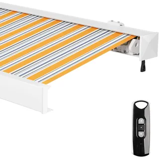 paramondo Markise Kassettenmarkise Line Gelenkarmmarkise Balkon Terrasse Sichtschutz, mit jarolift Funkmotor, Vollständig zusammengebaut, 3,5 x 3 m, Gestell: Weiß, Stoff: Multi, Gelb-Grau-blau