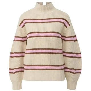 s.Oliver Gestreifter Grobstrickpullover mit Stehkragen Beige / Braun / Rosa 38