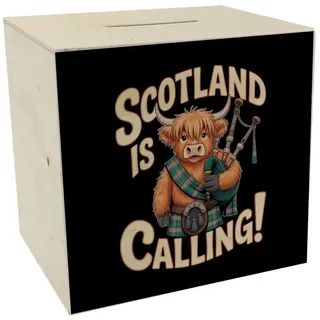 speecheese Spardose Scotland is calling! Spardose aus Holz mit Highland-Kuh-Motiv