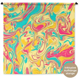 MuchoWow Wandteppich Gelb - Rosa - Blau - Retro, Quadratisch, Höhe: 3 mm, Wand Teppich Wohnzimmer, Schlafzimmer, 150x150 cm blau|rot Quadratisch | 150 cm x 150 cm x 3 mm