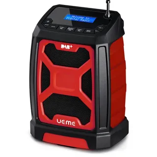 Baustellenradio Mit Akku Aufladbar (6000mAh), Tragbares DAB+/FM Radio, Bluetooth Lautsprecher & Dual Radiowecker,Starkem Empfang, Staubbeständig/Stoßfest für Baustelle/Camping/Garten (Rot)