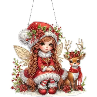 DIY Diamond Painting Weihnachten Anhänger Mit Kette Diamond Painting Elch und Mädchen Fensterbilder Diamant Painting Türkranz Christmas Girlande Für Wand Und Eingang Dekoration (Elch und Mädchen)