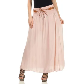 MATY FASHION stylischer Damen Maxirock Leichter Sommerrock Strandrock Boho Stufenrock mit Kunsledergürtel 14 (One Size 36-40, Rosa) - Einheitsgröße