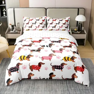 Loussiesd Dackel Baumwolle Bettwäsche Set 220x240cm für Kinder Jungen Mädchen Wurst Hund Bettbezug Ultra Soft Hund Pfote Druck Betten Geschenk für Hundeliebhaber Bettwäsche-Set Welpe Hund