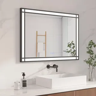 AQUABATOS LED Badspiegel 100 x 70 cm Badezimmerspiegel mit Beleuchtung Antibeschlag Dimmbar Industrial Style Lichtspiegel 3 Licht Farben - Schwarz