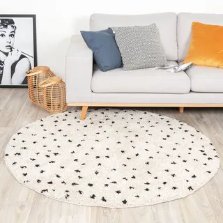FRAAI | Home & Living Teppich Hochflor Rund - Grand Dots Creme Schwarz - Ø 180 cm - Punkte - Modern, Skandinavisch - Wohnzimmer, Esszimmer, Schlafzimmer - Fellteppich