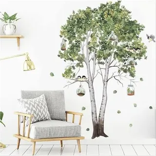 Wandtattoos Mit Baum Und Vogel, Grüne Birke, Dekorative Aufkleber Für Wohnzimmer, Kinderzimmer Und Babyzimmer, 72 X 102 Cm