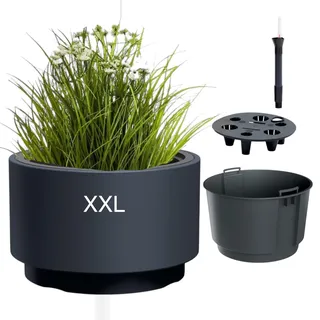 MELTOM Blumentopf mit Einsatz & Bewässerungssystem – Rund & Modern – Frost- & UV-beständig – Kunststoff Pflanzkübel für Innen & Außen – Größen: L, XL, XXL (Anthrazit, XXL)