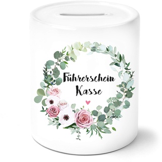 OWLBOOK Führerschein Kasse mit Blumenkranz Spardose Personalisiert mit Namen Geschenke Geschenkideen für Jungs und Mädchen zum Geburtstag