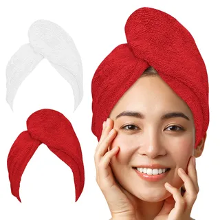 LUXTOGO Premium Haarturban-Handtuch, 100% Baumwolle, Hochwertiges Turban-Handtuch Mit Knopf Und Gummizug, Supersaugfähiges Kopf-Turban (Weiß+Rot)