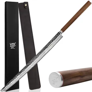 YOUSUNLONG Ultra Sakimaru Messer 590mm - Damaszener Maguro Tuna Yanagiba | Sakimaru-Klinge mit Bogenspitze,Maguro & Riesenfische & Sashimi,präzises Ziehenschneiden,rasiermesserscharf,Nussbaum-Griff