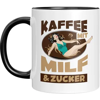Lustige Tasse für Frauen – Kaffee mit MILF & Zucker – Freches Geschenk mit Retro-Motiv – Coole Geschenkidee für Frauen, Freundin, Partnerin - Schwarz