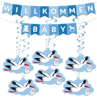 BRUBAKER Girlande Willkommen Baby Wimpelkette für Mädchen mit Storch Anhängern, Willkommensdeko Set für Zuhause, Babyparty und Babyzimmer Dekoration blau