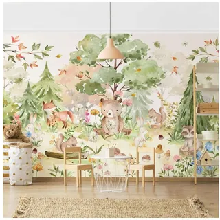 Bilderdepot24 Kindertapete Kinderzimmer Aquarell Waldtiere Bär Fuchs Baum Kinder Wanddeko, Glatt, Matt, (Vliestapete inkl. Kleister oder selbstklebend), Mädchenzimmer Jungenzimmer Babyzimmer Bildtapete Fototapete Wandtapete bunt 3.36 m x 2.25 m
