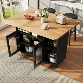 ModernLuxe Mobile Kücheninsel mit klappbarer Tischplatte, Buffetschrank & Küchenwagen mit Rollen, Multifunktionaler Speisewagen, Schwarz + Holzfarbe