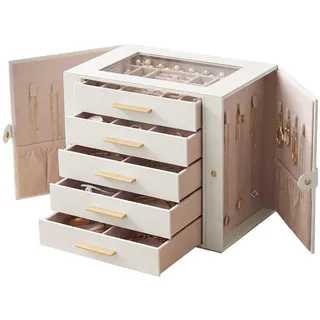 SONGMICS Schmuckkasten mit 5 Ebenen und Glasdeckel für Ketten beige