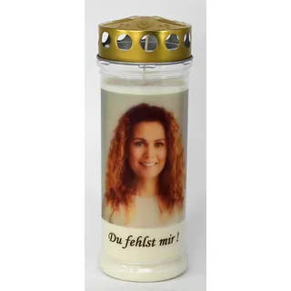 Persönliches Grablicht mit Foto und Spruch- (21x7,5 cm) - Personalisiertes Grablicht, 7 Tage Brenndauer (3975) - Wetterfestes Trauerlicht mit Deckel, Edle Gedenkkerze aus Deutschland