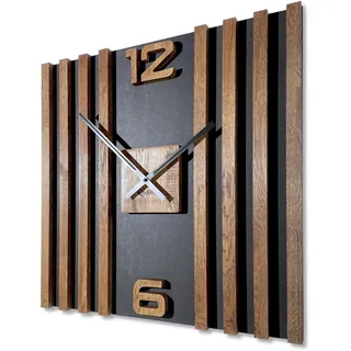 FLEXISTYLE Wanduhr groß aus Holz Lamellen SQ 60cm Holzoptik schwarz 3D Eiche modern ohne Ticken Wohnzimmer ... (Braun)
