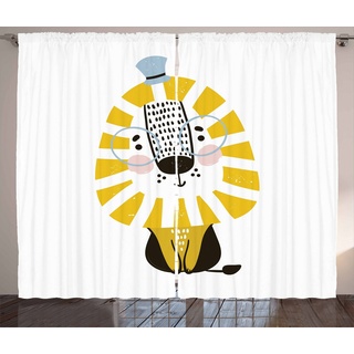 Gardine Schlafzimmer Kräuselband Vorhang mit Schlaufen und Haken, Abakuhaus, Löwe Cartoon-Dschungel-Tier blau|gelb|schwarz 280 cm x 260 cm
