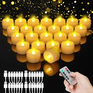 24 Stück LED Teelichter Wiederaufladbare mit Fernbedienung und Timer | Dimmbar Kerzen mit 6-in-1 USB-C Ladekabel Timerfunktion Elektrische Aufladbar Candles für Halloween Weihnachten Party Deko