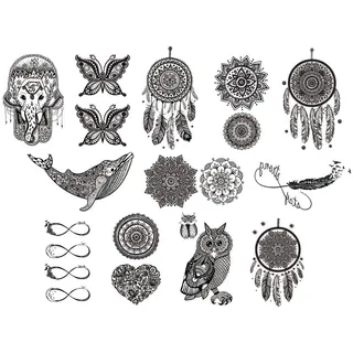 Temporäre Wal Eule Herz Mandala Traumfänger Infinity Elefanten Schmetterling Tattoos 12 Bögen Set H12
