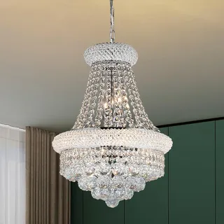 MSSIAN Moderne silberne Kristall-Luster über dem Esszimmertisch, 6-flammige luxuriöse Empire-Stil K9-Kristall-Leuchte, intelligent dimmbar, Durchmesser 42 cm – Für Wohnzimmer und Schlafzimmer